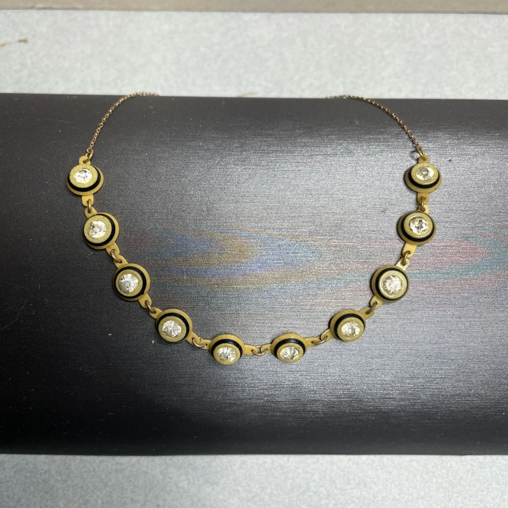 Vintage Celluloid Child’s Necklace Or Choker Rhinestone & Chain 15” Repair Clasp